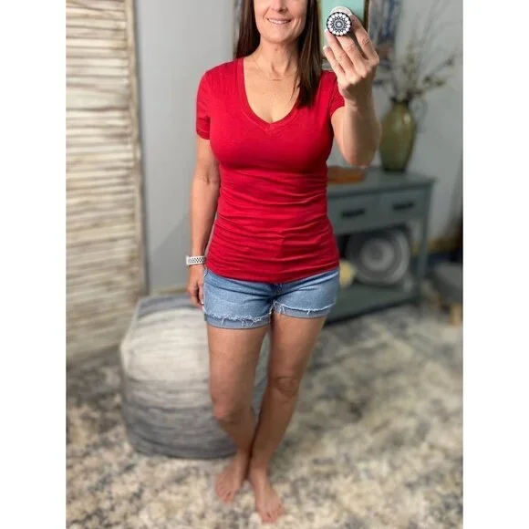 V Neck Basic Boyfriend Cotton Baby Tee Short Sleeve Deep Red 0323 - Picture 2 of 5